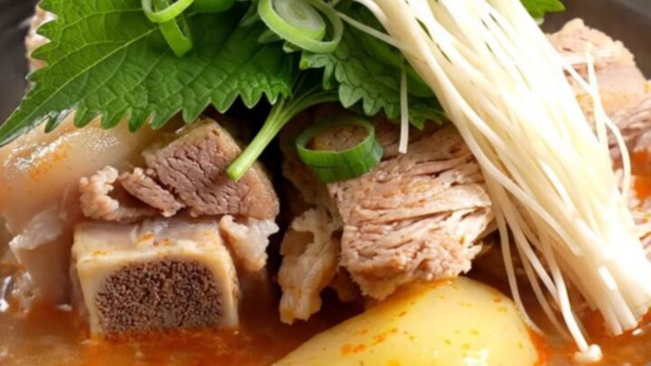 A steaming stone bowl filled with rich, spicy Korean pork bone soup, topped with fresh green onions and perilla leaves.