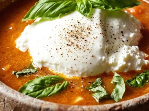 A rustic stoneware bowl filled with creamy lasagna soup, garnished with fresh basil and melted cheese.
