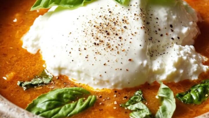 A rustic stoneware bowl filled with creamy lasagna soup, garnished with fresh basil and melted cheese.