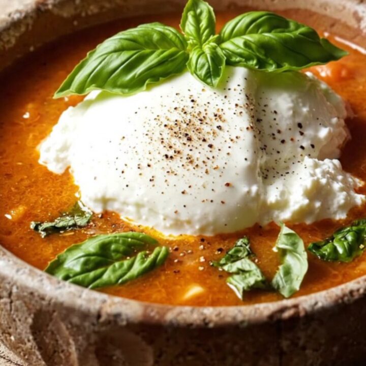 A rustic stoneware bowl filled with creamy lasagna soup, garnished with fresh basil and melted cheese.