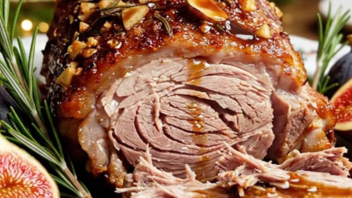A festive rack of pork with a dark, caramelized fig and rosemary glaze served on a white platter.