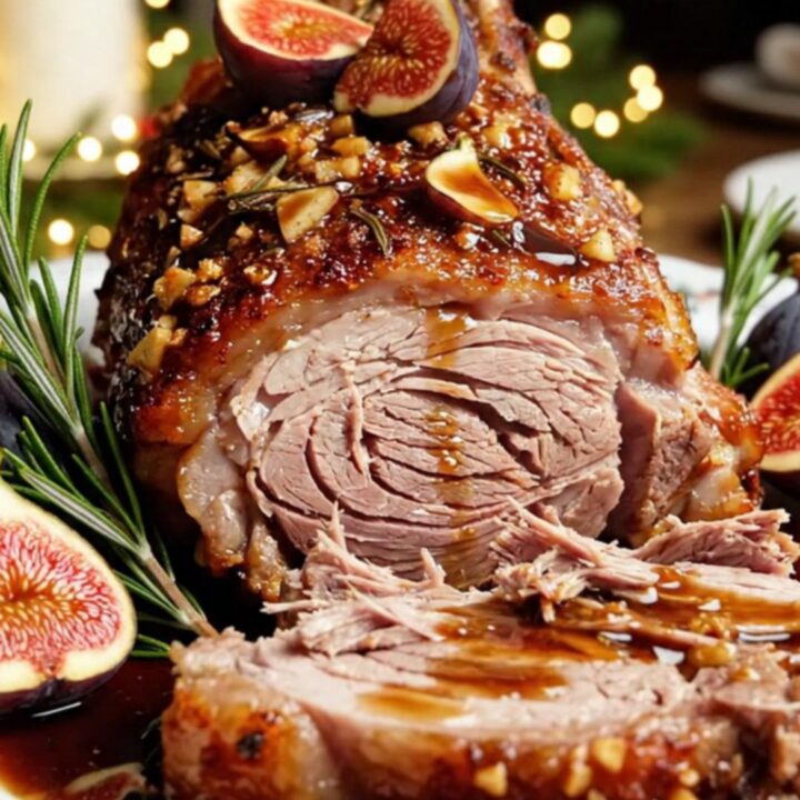 A festive rack of pork with a dark, caramelized fig and rosemary glaze served on a white platter.