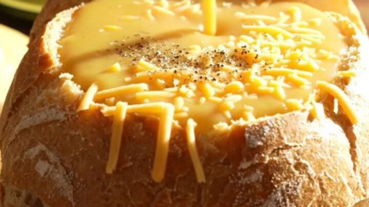 A warm, creamy broccoli cheddar soup served in a hollowed-out sourdough bread bowl on a rustic wooden table.