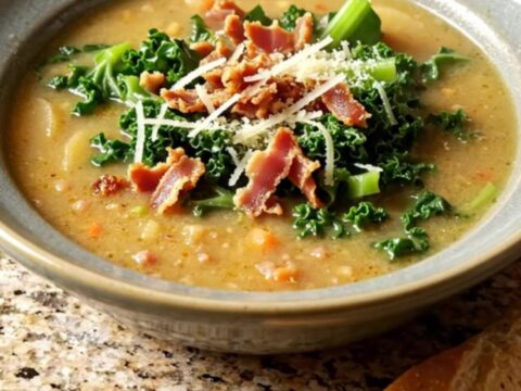 A steaming bowl of creamy Zuppa Toscana with sausage, potatoes, and kale, garnished with parmesan and pancetta.