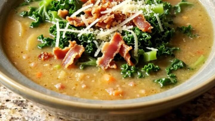 A steaming bowl of creamy Zuppa Toscana with sausage, potatoes, and kale, garnished with parmesan and pancetta.