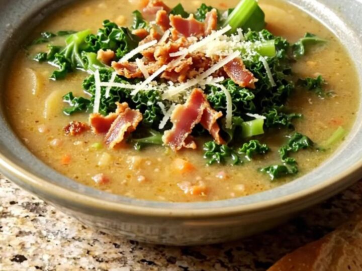 A steaming bowl of creamy Zuppa Toscana with sausage, potatoes, and kale, garnished with parmesan and pancetta.