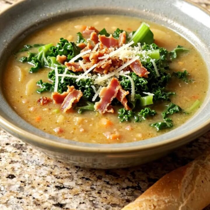 A steaming bowl of creamy Zuppa Toscana with sausage, potatoes, and kale, garnished with parmesan and pancetta.