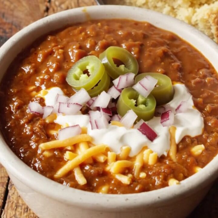 A close-up of a bowl of rich mahogany Texas brisket chili topped with sour cream and jalapenos.