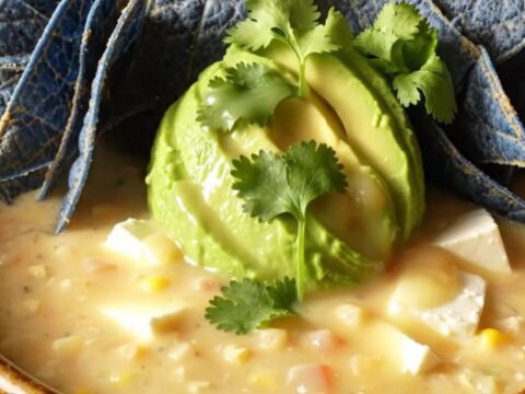 A ceramic bowl of creamy white chicken chili topped with avocado, cilantro, and blue corn tortilla strips.