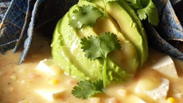 A ceramic bowl of creamy white chicken chili topped with avocado, cilantro, and blue corn tortilla strips.