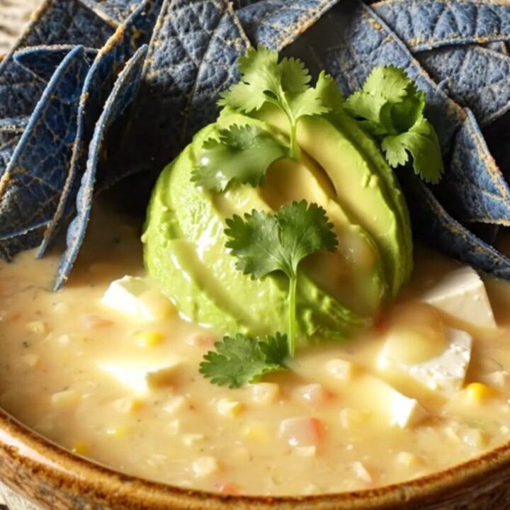 A ceramic bowl of creamy white chicken chili topped with avocado, cilantro, and blue corn tortilla strips.