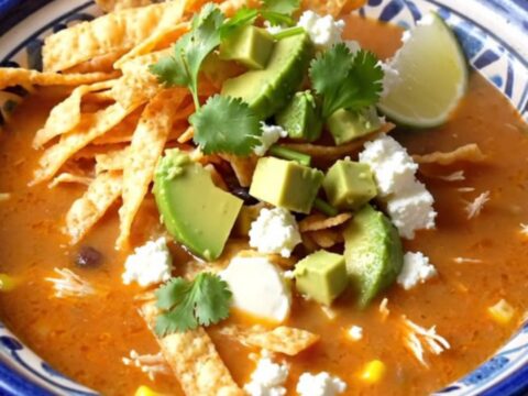 A steaming Talavera bowl of creamy chicken tortilla soup topped with fresh cilantro, avocado, and crispy tortilla strips.