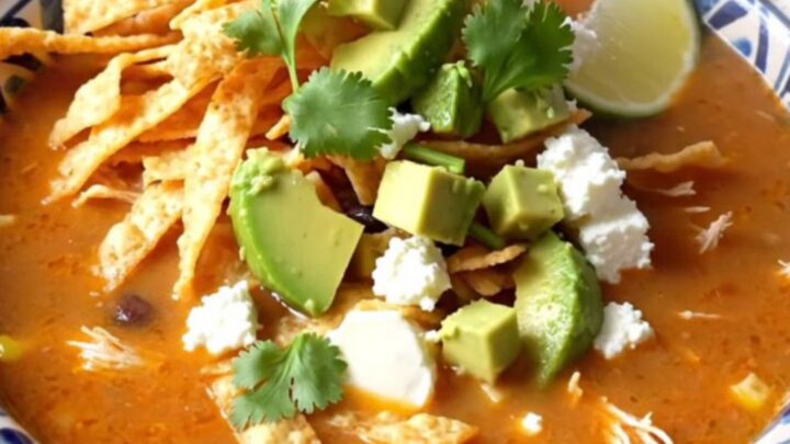 A steaming Talavera bowl of creamy chicken tortilla soup topped with fresh cilantro, avocado, and crispy tortilla strips.