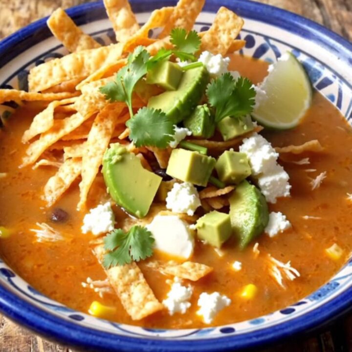 A steaming Talavera bowl of creamy chicken tortilla soup topped with fresh cilantro, avocado, and crispy tortilla strips.