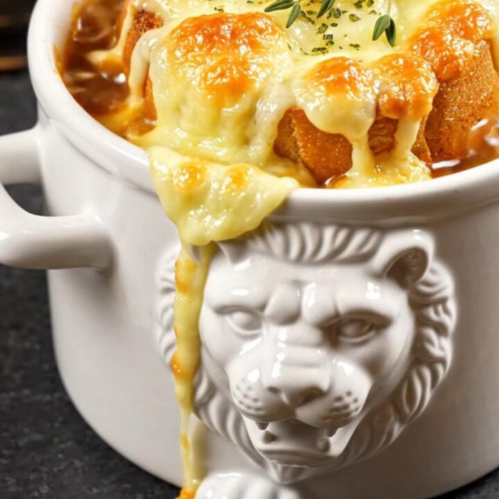 A ceramic crock filled with rich French onion soup, topped with a bubbling, golden brown layer of melted Gruyere cheese.