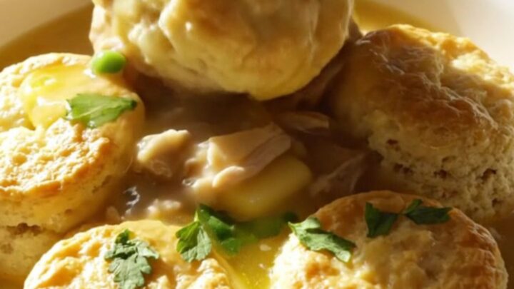 A close-up of a vintage cream crockpot filled with creamy chicken stew, tender vegetables, and fluffy biscuit dumplings.