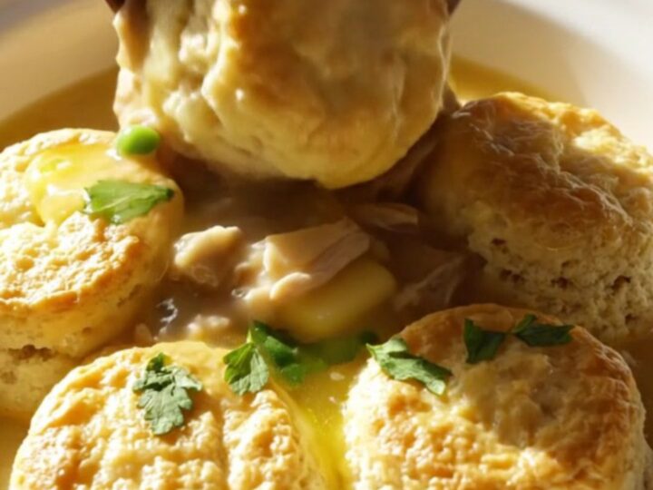 A close-up of a vintage cream crockpot filled with creamy chicken stew, tender vegetables, and fluffy biscuit dumplings.