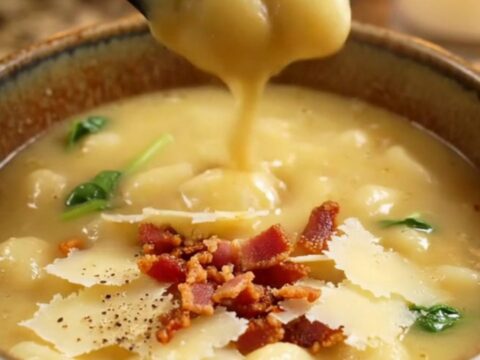 A warm bowl of creamy chicken gnocchi soup topped with crispy bacon and shaved parmesan curls.
