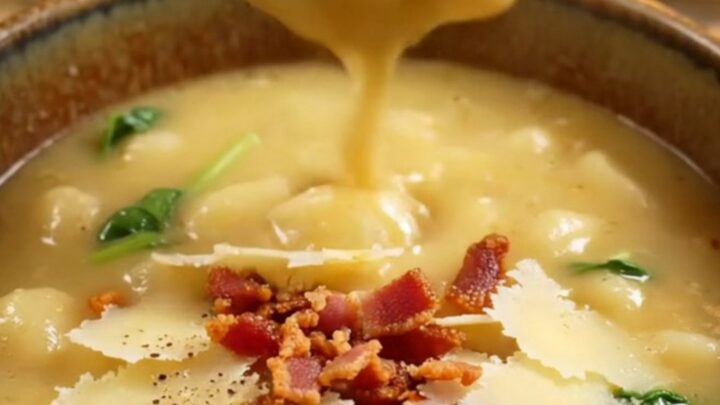 A warm bowl of creamy chicken gnocchi soup topped with crispy bacon and shaved parmesan curls.