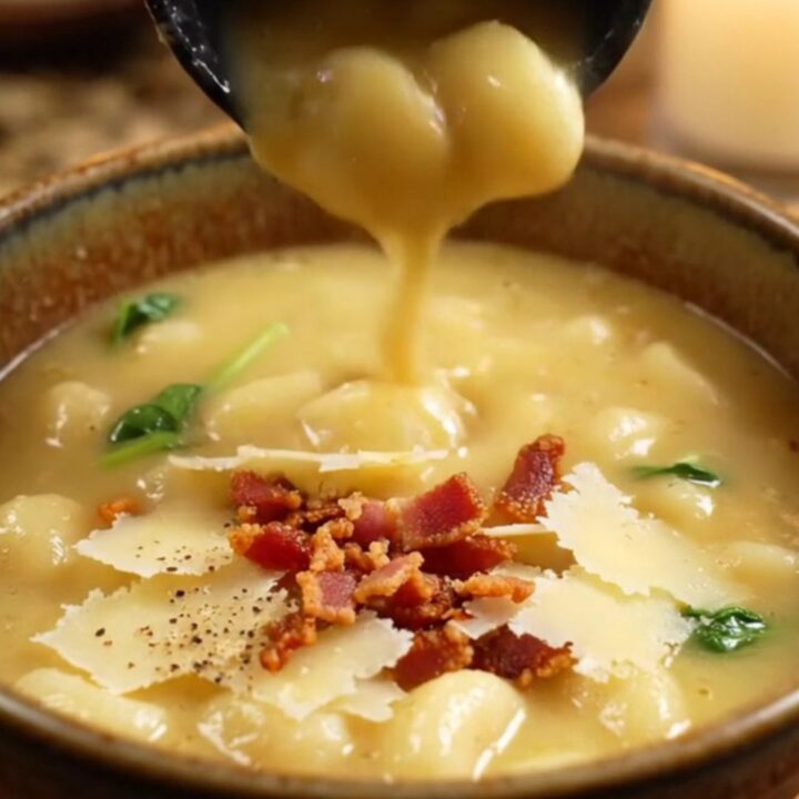 A warm bowl of creamy chicken gnocchi soup topped with crispy bacon and shaved parmesan curls.