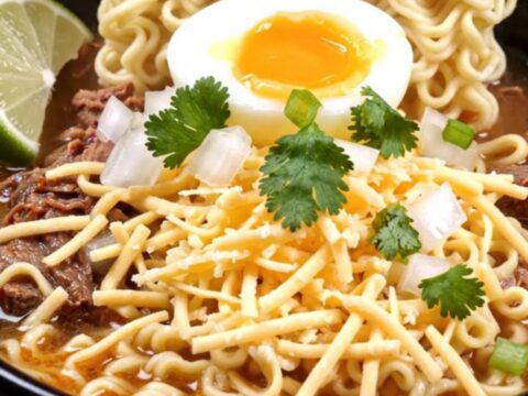 A deep black bowl filled with slow-cooker beef birria ramen, topped with a soft-boiled egg, fresh cilantro, and a lime wedge.