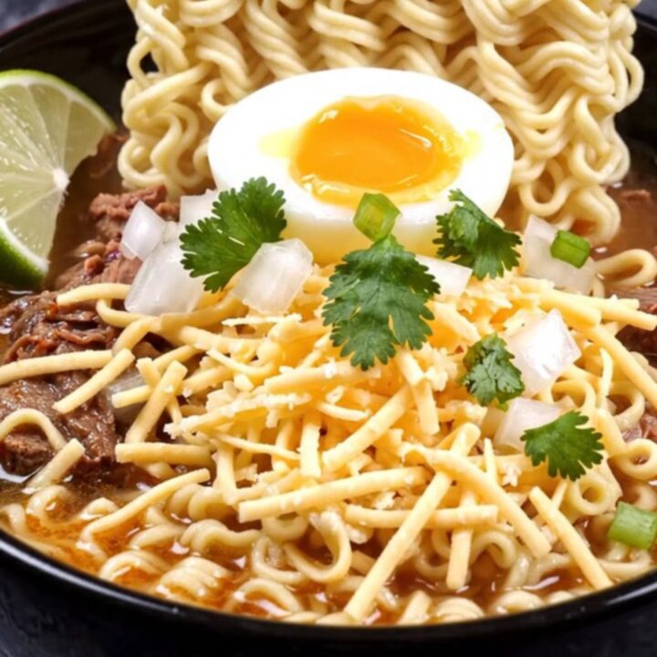 A deep black bowl filled with slow-cooker beef birria ramen, topped with a soft-boiled egg, fresh cilantro, and a lime wedge.
