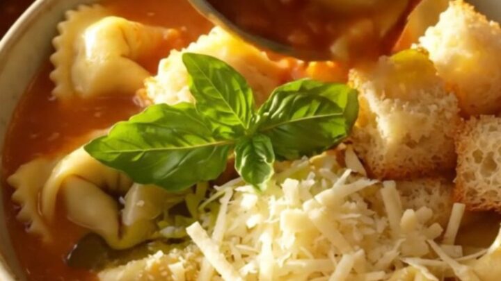 A close-up of creamy tomato basil tortellini soup in a ceramic bowl, garnished with croutons and fresh basil.