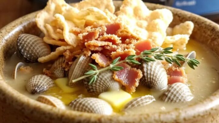 A steaming bowl of creamy New England clam and corn chowder topped with oyster crackers, bacon, and fresh thyme.