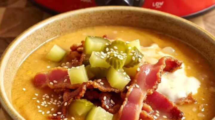 A close-up of a cherry-red ceramic Crockpot filled with rich, golden cheeseburger chowder with a large ladle lifting