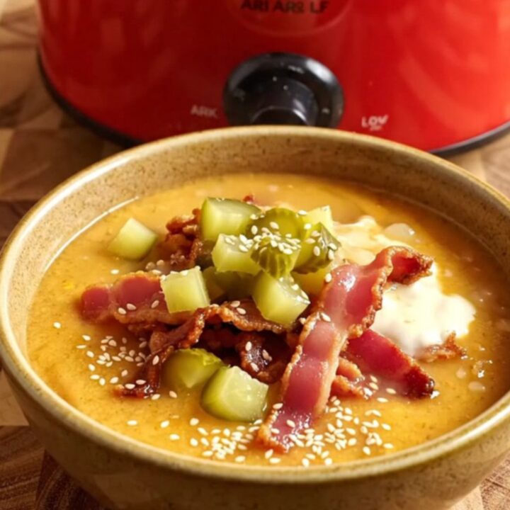A close-up of a cherry-red ceramic Crockpot filled with rich, golden cheeseburger chowder with a large ladle lifting