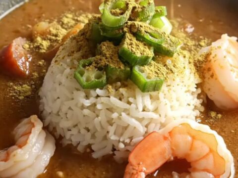 A steaming bowl of dark mahogany Cajun gumbo served over white rice, topped with fresh scallions.