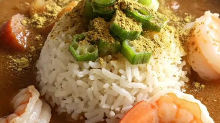 A steaming bowl of dark mahogany Cajun gumbo served over white rice, topped with fresh scallions.