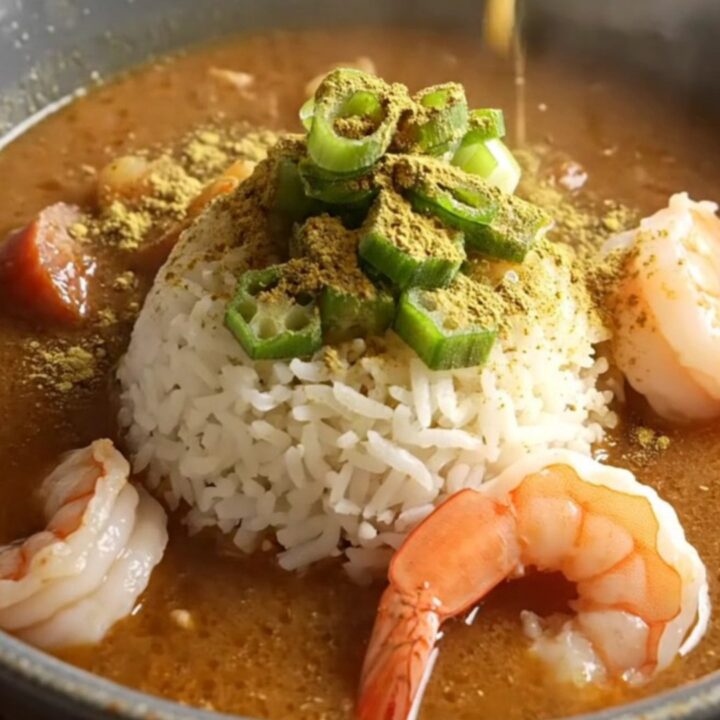 A steaming bowl of dark mahogany Cajun gumbo served over white rice, topped with fresh scallions.