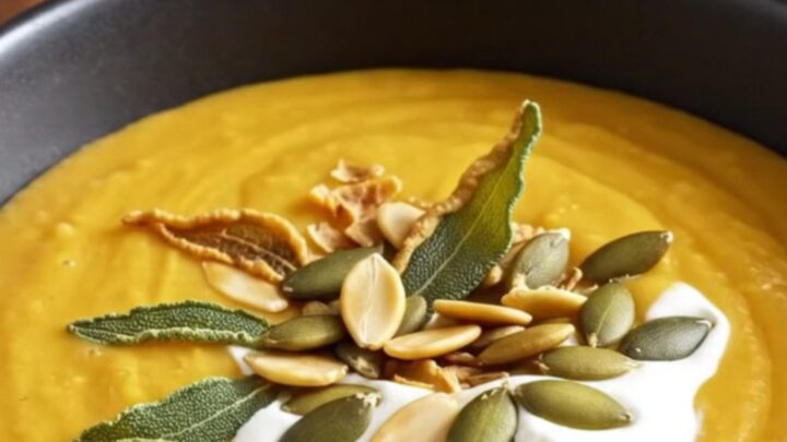 A warm, sunset-amber butternut squash bisque in a matte-black ceramic bowl, garnished with crispy sage and pepitas.