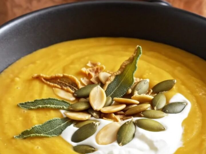 A warm, sunset-amber butternut squash bisque in a matte-black ceramic bowl, garnished with crispy sage and pepitas.