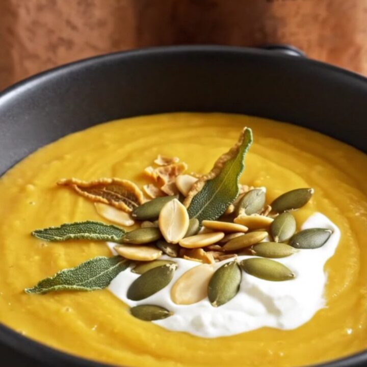 A warm, sunset-amber butternut squash bisque in a matte-black ceramic bowl, garnished with crispy sage and pepitas.