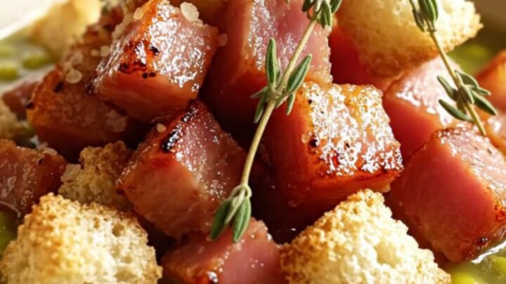 A close-up of a bowl of thick, emerald-green split pea soup topped with ham and herbs.