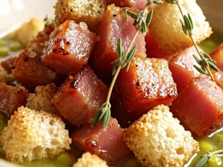 A close-up of a bowl of thick, emerald-green split pea soup topped with ham and herbs.