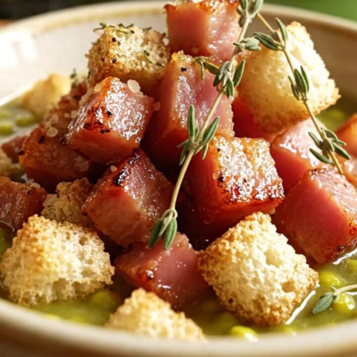 A close-up of a bowl of thick, emerald-green split pea soup topped with ham and herbs.