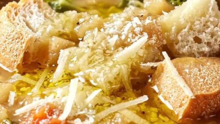 A rustic earthenware bowl filled with thick Tuscan ribollita, topped with a drizzle of olive oil and grated cheese.