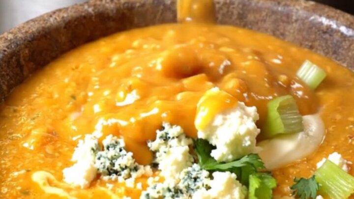 A warm stoneware bowl filled with creamy orange buffalo chicken chowder, topped with blue cheese and celery leaves.
