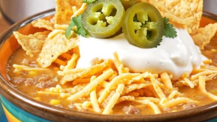 A bowl of creamy taco ranch beef soup topped with sour cream, cilantro, and crushed tortilla chips.