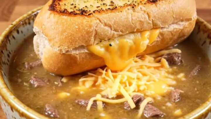 A warm ceramic bowl filled with creamy Philly cheesesteak soup topped with a toasted garlic bread slice.