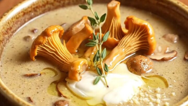 A bowl of velvety wild mushroom soup topped with sautéed chanterelles and thyme in a bistro setting.