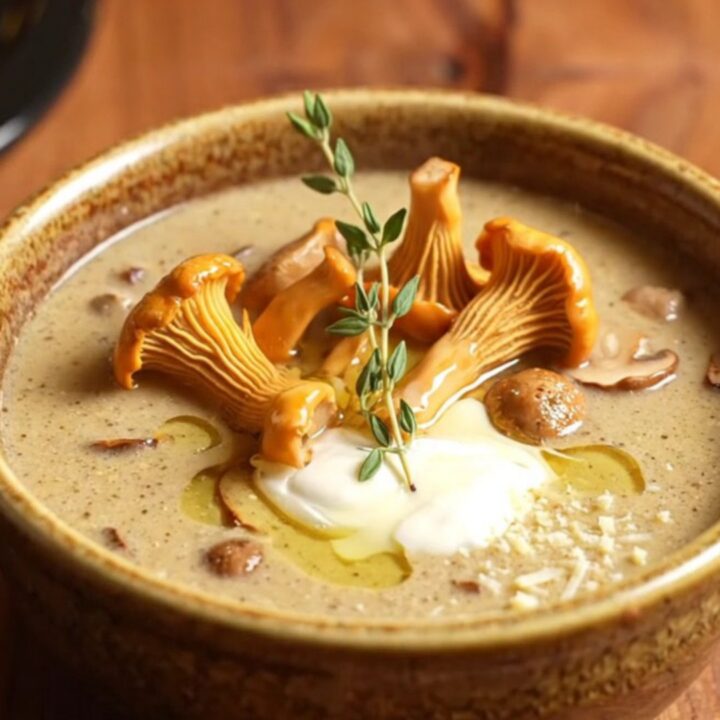 A bowl of velvety wild mushroom soup topped with sautéed chanterelles and thyme in a bistro setting.