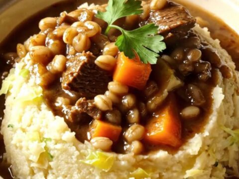 A warm stoneware bowl filled with rich, dark Guinness beef and barley stew served over creamy colcannon mash.