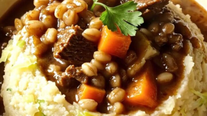 A warm stoneware bowl filled with rich, dark Guinness beef and barley stew served over creamy colcannon mash.