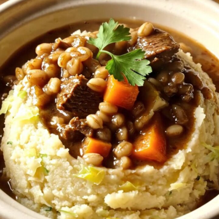 A warm stoneware bowl filled with rich, dark Guinness beef and barley stew served over creamy colcannon mash.