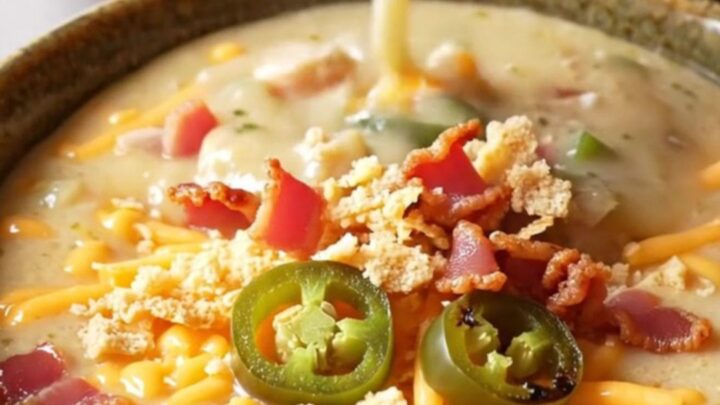 Creamy jalapeno popper chicken soup in a bowl topped with bacon and crackers.
