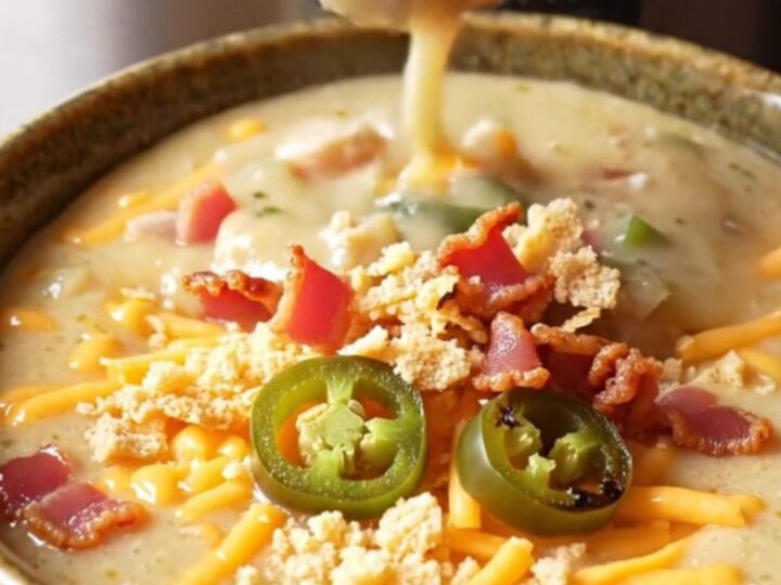 Creamy jalapeno popper chicken soup in a bowl topped with bacon and crackers.